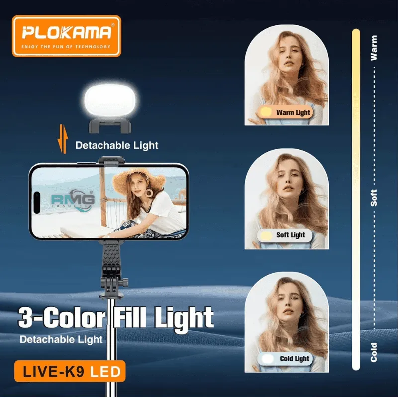 Plokama K9 LED selfie stick tripod