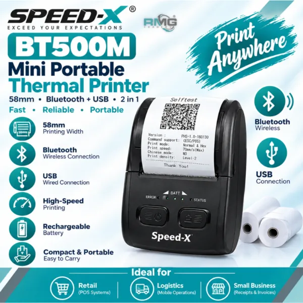RMG TRADERS SPEED-X BT500M Mini Portable 58mm Bluetooth + USB Thermal Printer