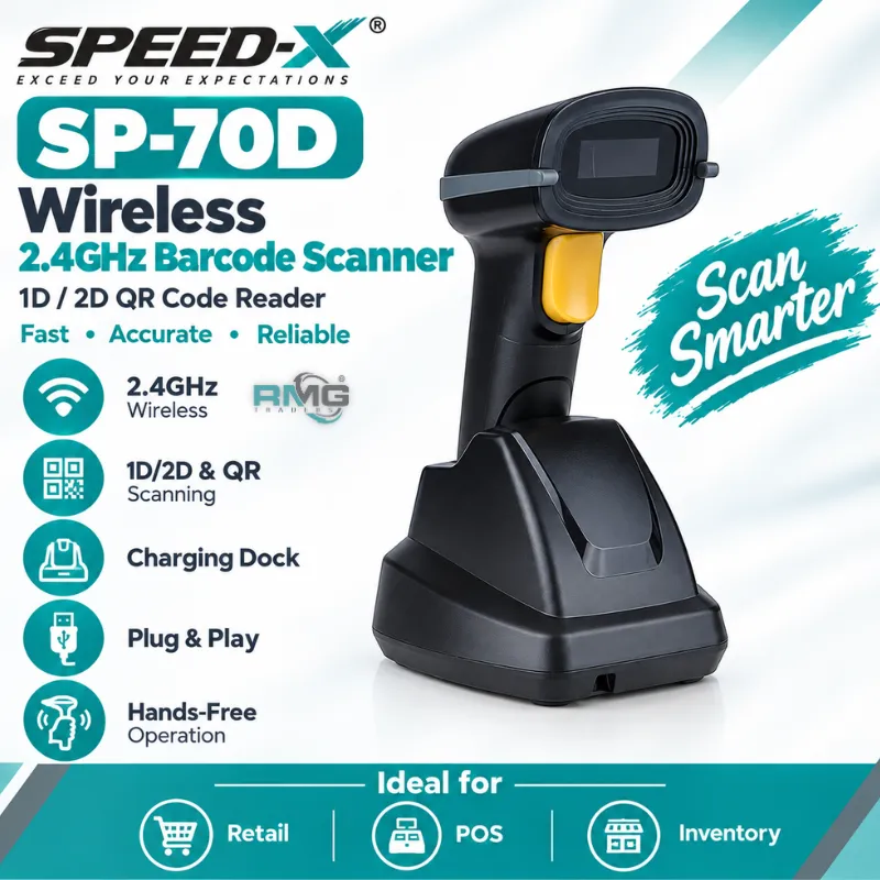 Speed-X SP-70D wireless 2.4GHz barcode scanner with charging dock
