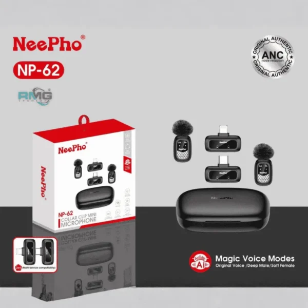 NeePho NP-62 ANC Wireless Collar Microphone – Type-C & Lightning Mini Clip Mic with Magic Voice Modes
