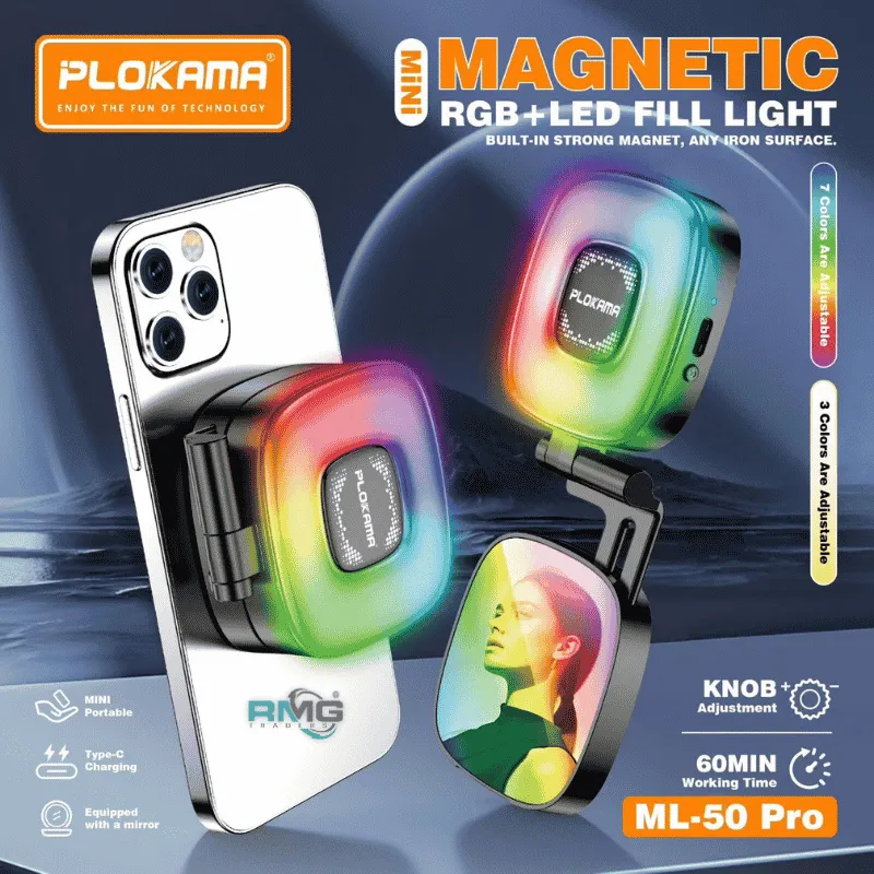 Plokama ML-50 Pro RGB selfie light with magnetic mount