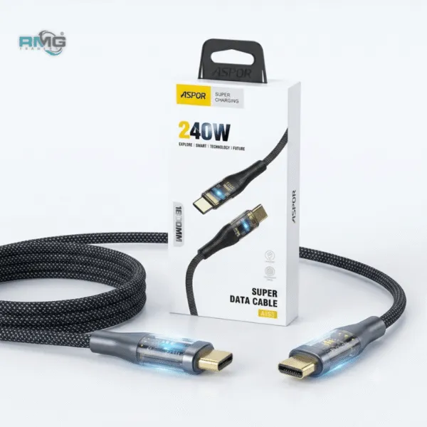 Aspor A153 240W LED Light Type-C to Type-C PD Fast Charging Cable – 1.8M