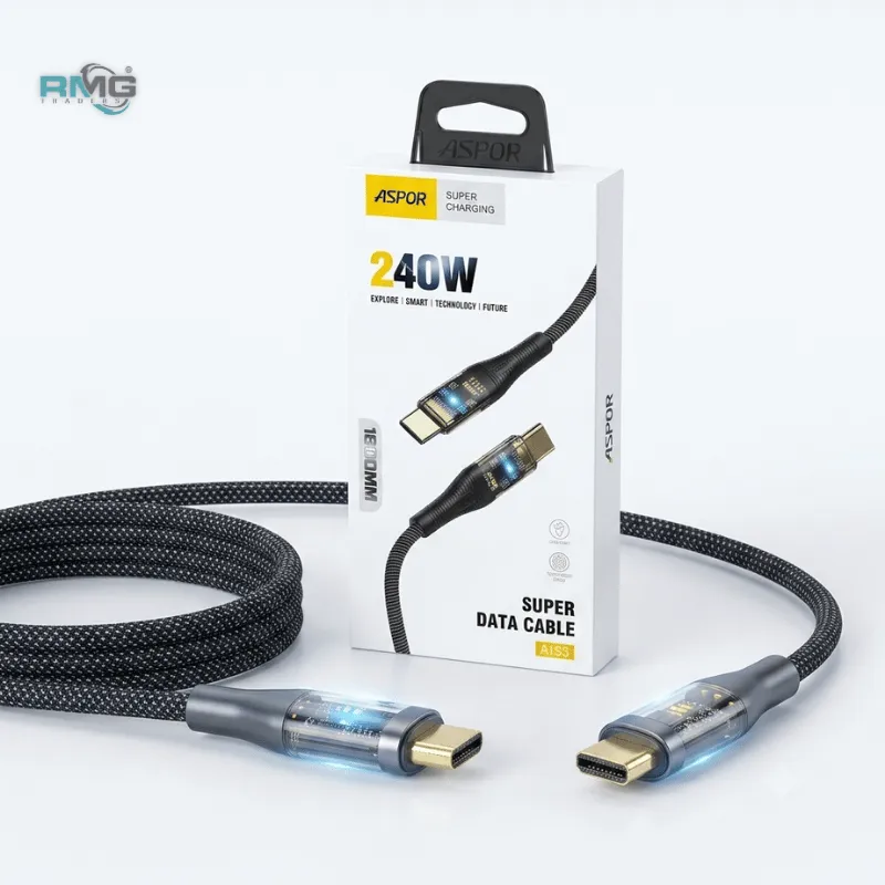 Aspor A153 240W LED Light Type-C to Type-C PD Fast Charging Cable – 1.8M