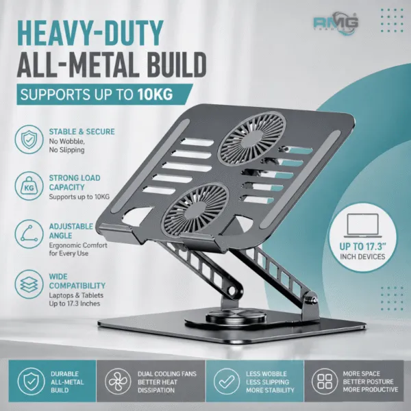 Ergonomic metal laptop holder with cooling fans