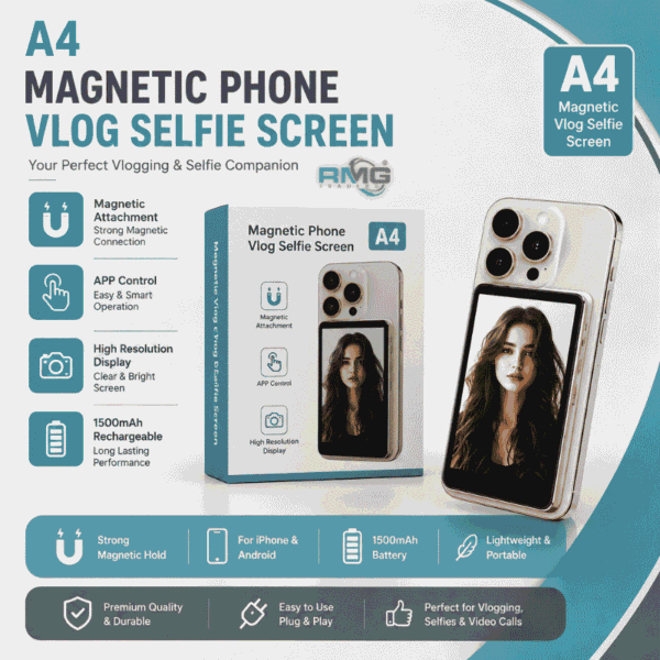 A4 Magnetic Phone Vlog Selfie Screen – HD Display, App Control, 1500mAh Rechargeable Battery for iPhone & Android
