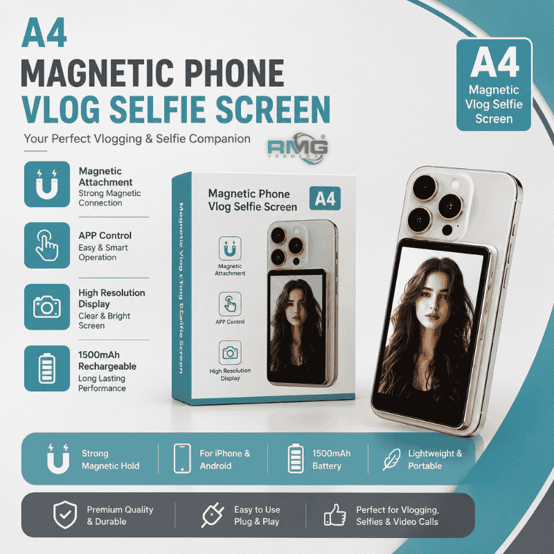 A4 Magnetic Phone Vlog Selfie Screen – HD Display, App Control, 1500mAh Rechargeable Battery for iPhone & Android