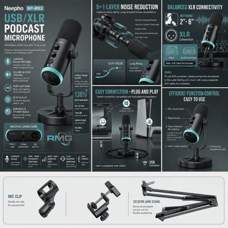 Neepho NP-M03 Professional USB Microphone with Noise Cancellation