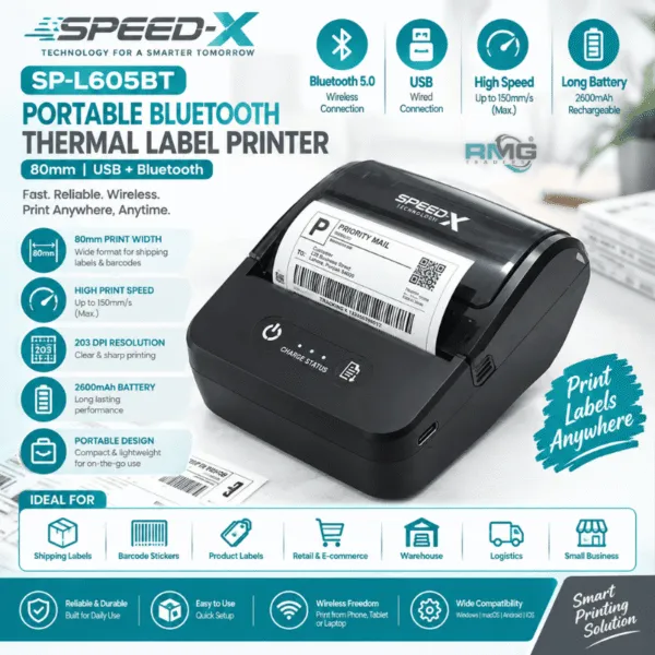 Speed-X SP-L605BT 80mm portable Bluetooth thermal label printer