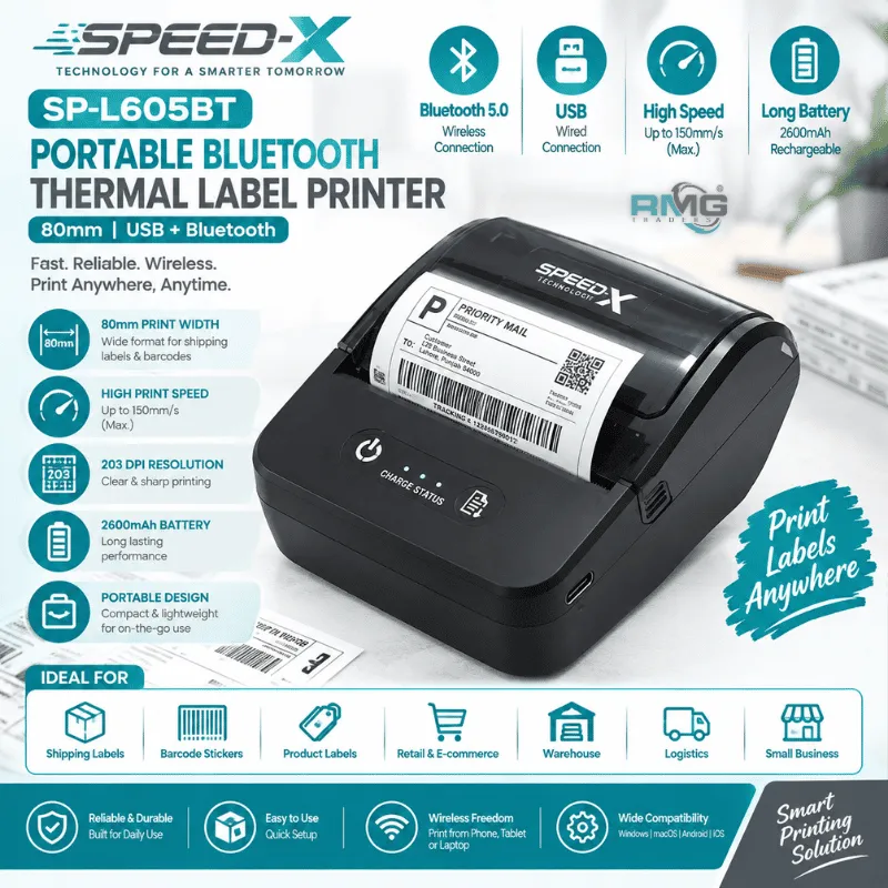 Speed-X SP-L605BT 80mm portable Bluetooth thermal label printer