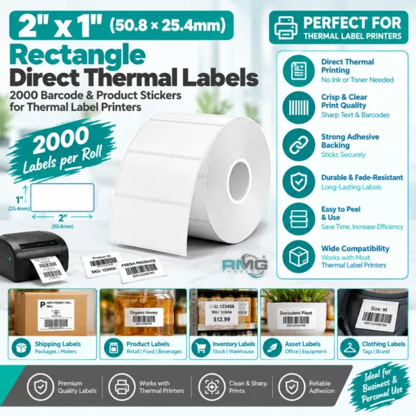 2 x 1 inch 50.8 x 25.4mm rectangle thermal labels