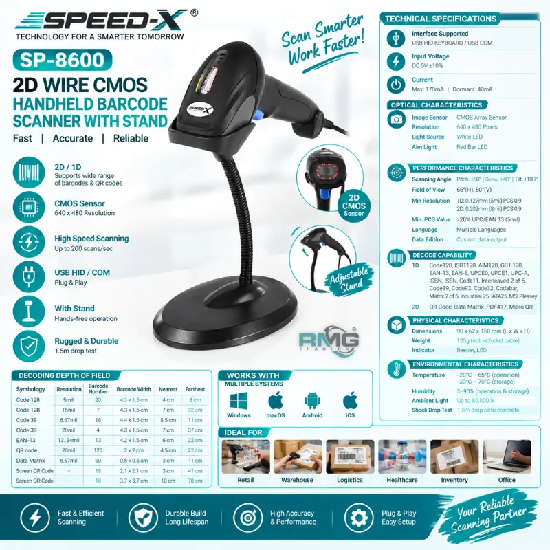 Speed-X SP-8600 QR code and barcode scanner