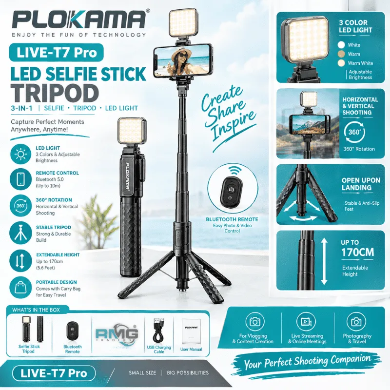 Plokama Live T7 Pro LED Selfie Stick Tripod