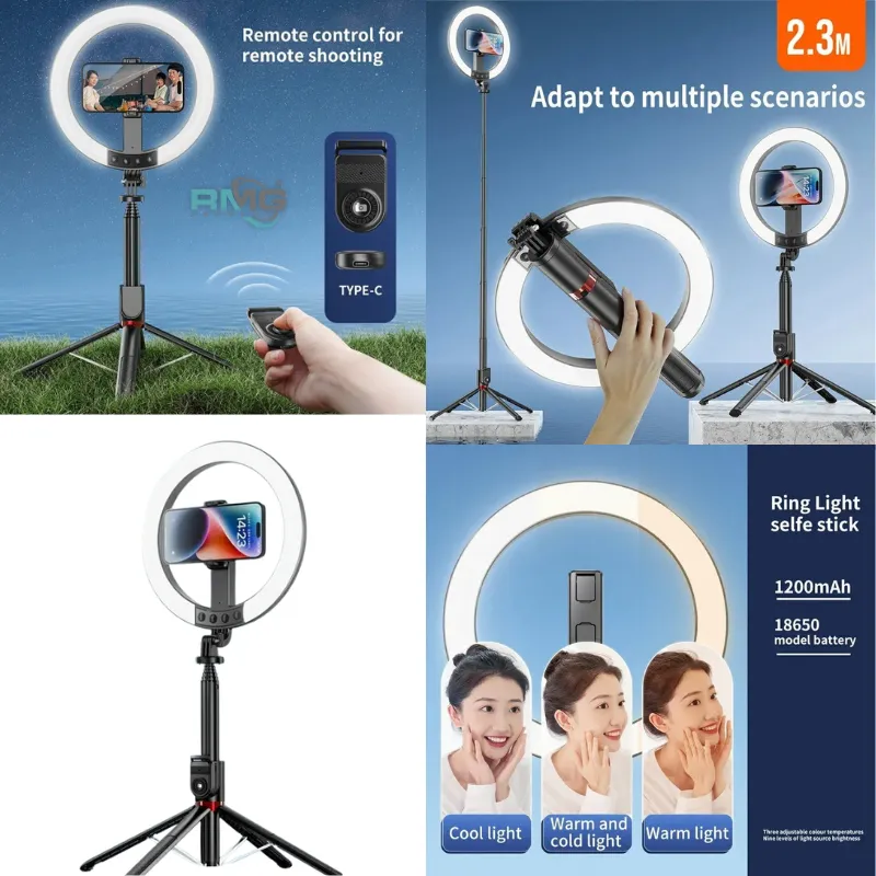 2.3m extendable selfie stick with rechargeable ring light