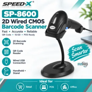 Speed-X SP-8600 2D wired handheld barcode scanner with stand