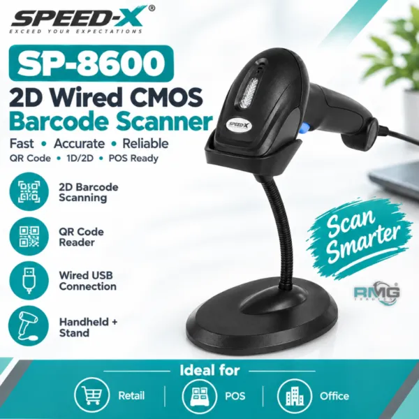 Speed-X SP-8600 2D wired handheld barcode scanner with stand