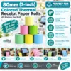 80mm (3-Inch) Colored Thermal Receipt Paper Rolls – 40 Meters, Yellow, Pink, Blue, Green & More for POS Thermal Printers