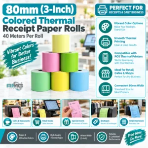 80mm (3-Inch) Colored Thermal Receipt Paper Rolls – 40 Meters, Yellow, Pink, Blue, Green & More for POS Thermal Printers