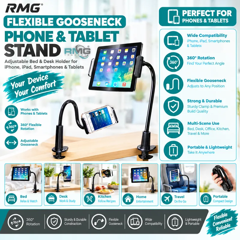 RMG Flexible Gooseneck Phone & Tablet Stand – Adjustable Bed & Desk Holder for iPhone, iPad, Smartphones & Tablets