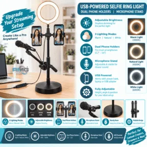 RMG Selfie Ring Light with Dual Phone Holders & Microphone Stand