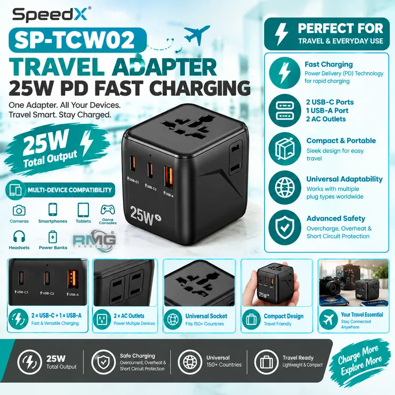 SpeedX SP-TCW02 Travel Adapter – 25W PD Fast Charger with 2 USB-C, USB-A & 2 AC Outlets for Cameras, Phones, Tablets & Travel