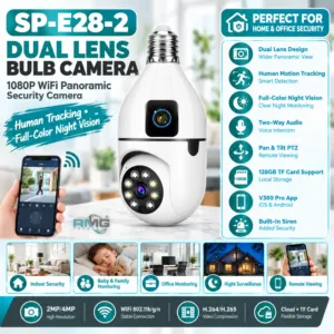 Speed-X SP-E28-2 Dual Lens Bulb Camera – 1080P WiFi Panoramic CCTV with Human Tracking, Night Vision & V380 Pro
