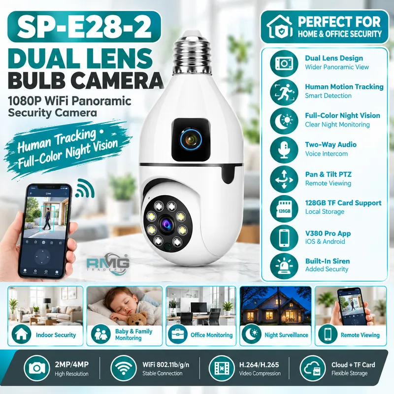 Speed-X SP-E28-2 Dual Lens Bulb Camera – 1080P WiFi Panoramic CCTV with Human Tracking, Night Vision & V380 Pro